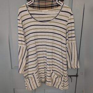 🫒 Komil L Cotton Womens top striped Saturday weekend pockets casual